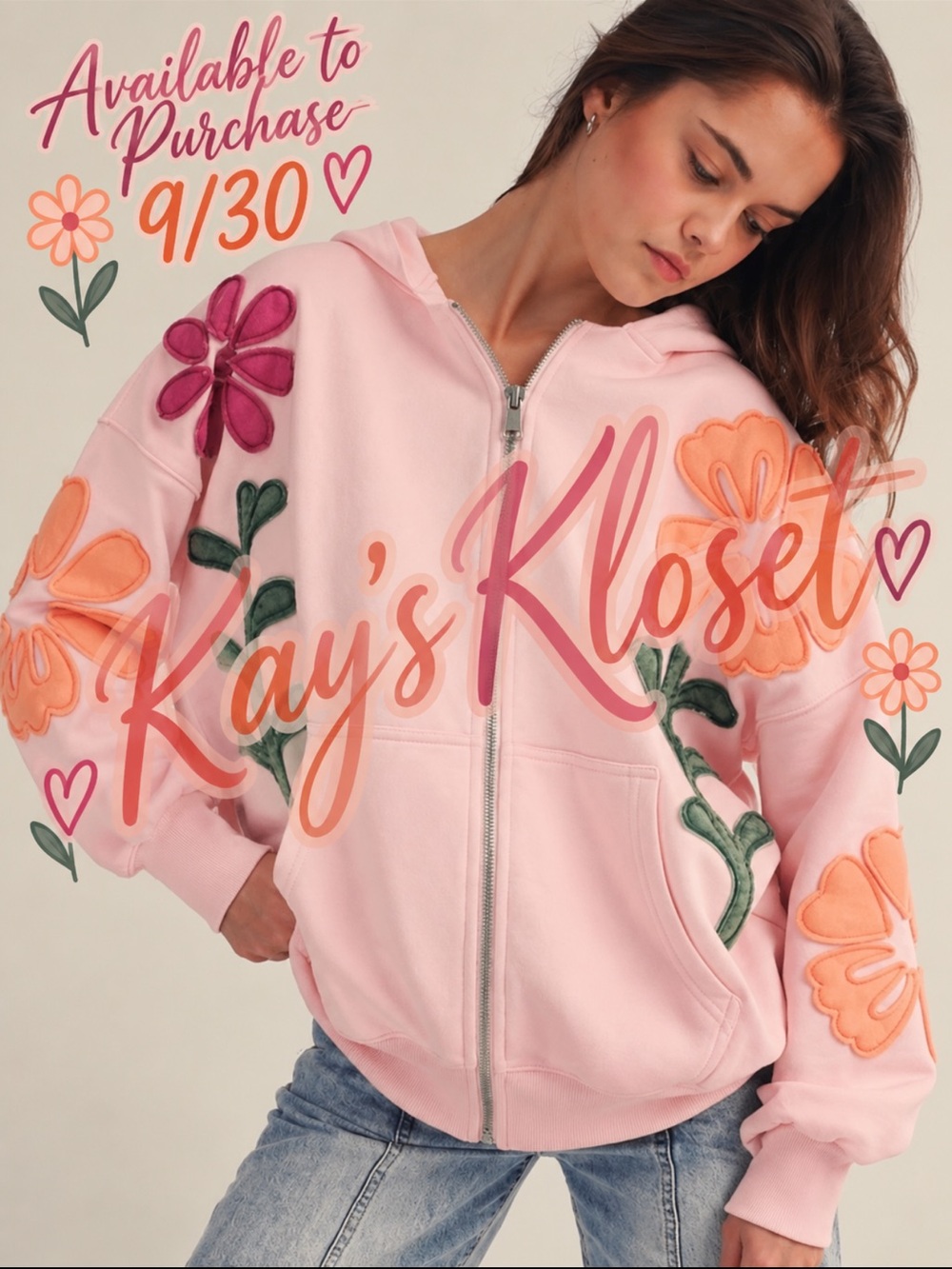 BF93–(ETA 9/30) 🩷🌸Pink Floral Appliqué Zip Bomber Hoodie